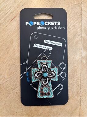 New custom PopSockets phone grip & stand with turquoise and silver color cross